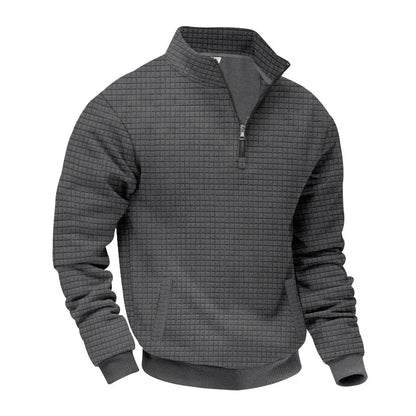 2025 Half-Zip Sweatshirt for Men, Autumn and Winter Jacquard Small Check Stand Collar Casual Pullover Fashion Men's Sweatshirt