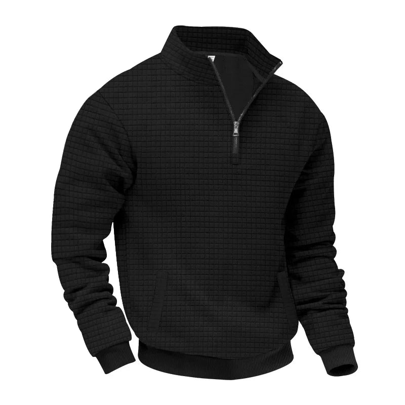 2025 Half-Zip Sweatshirt for Men, Autumn and Winter Jacquard Small Check Stand Collar Casual Pullover Fashion Men's Sweatshirt