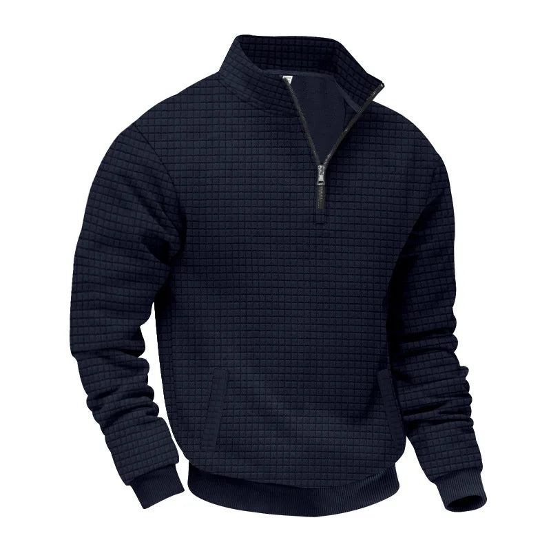 2025 Half-Zip Sweatshirt for Men, Autumn and Winter Jacquard Small Check Stand Collar Casual Pullover Fashion Men's Sweatshirt