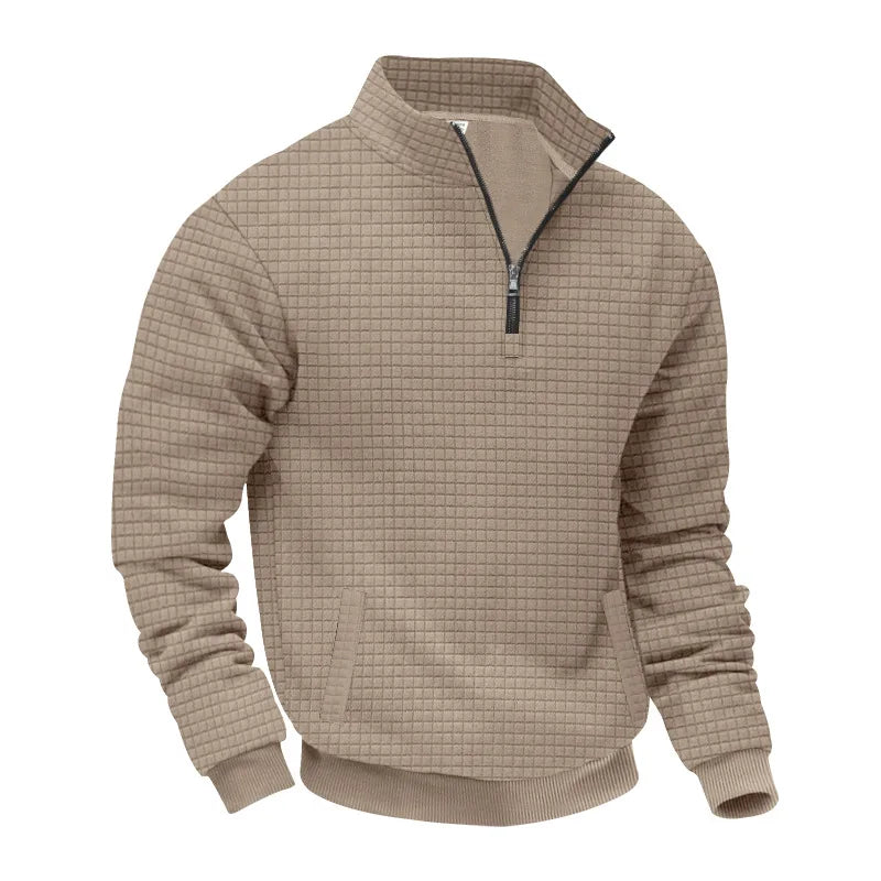 2025 Half-Zip Sweatshirt for Men, Autumn and Winter Jacquard Small Check Stand Collar Casual Pullover Fashion Men's Sweatshirt