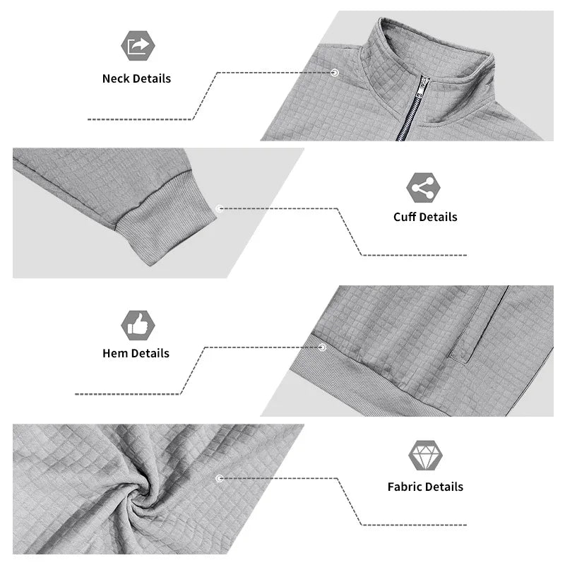 2025 Half-Zip Sweatshirt for Men, Autumn and Winter Jacquard Small Check Stand Collar Casual Pullover Fashion Men's Sweatshirt