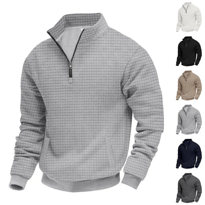 2025 Half-Zip Sweatshirt for Men, Autumn and Winter Jacquard Small Check Stand Collar Casual Pullover Fashion Men's Sweatshirt