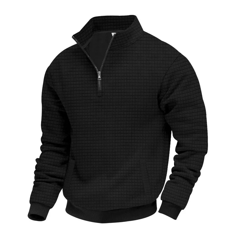 2025 Half-Zip Sweatshirt for Men, Autumn and Winter Jacquard Small Check Stand Collar Casual Pullover Fashion Men's Sweatshirt